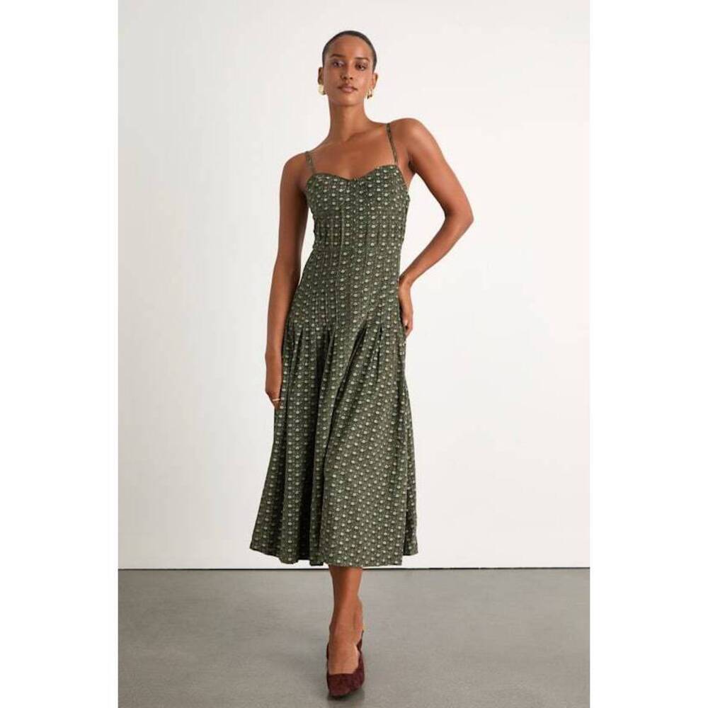 Lulus Joanna Olive Green Floral Corduroy Drop Waist Midi Dress - Size XS